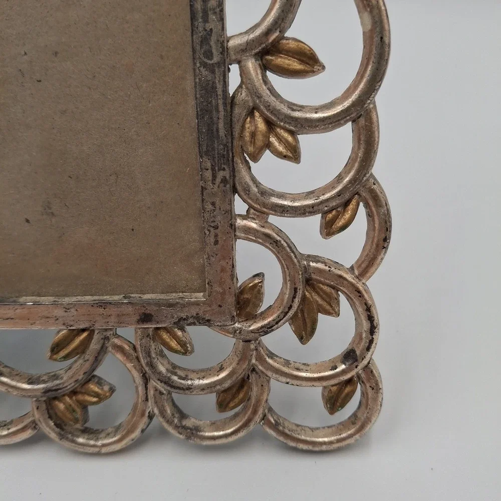 Vintage 1996 Elsa L Inc Picture Frame Silver Gold Leaf Filigree Scroll 3.5x5